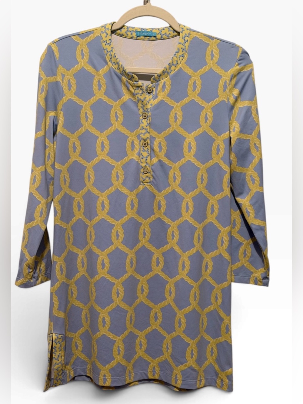 J. McLaughlin Periwinkle & YellowTunic w/ link pattern 3/4 Sleeves MED